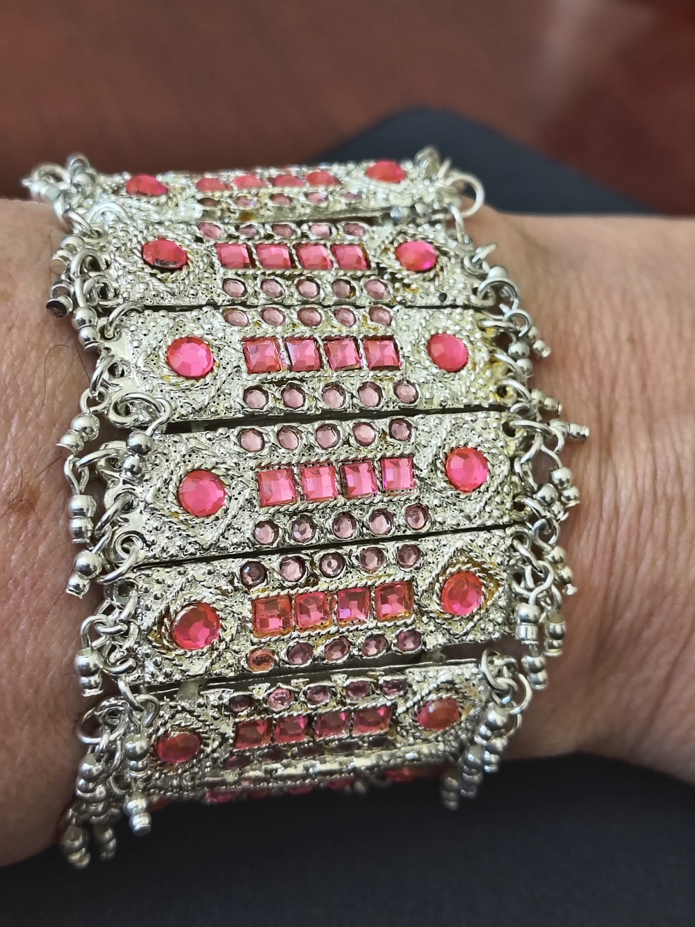 EYE CATCHING Silver Pink Festival Boho Belly Dance Inspired Fringe  Bracelet